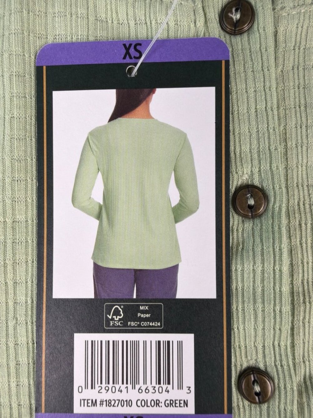 G.H. Bass & Co. Womens XS Green Textured Henley Long Sleeve Top - Picture 4 of 8